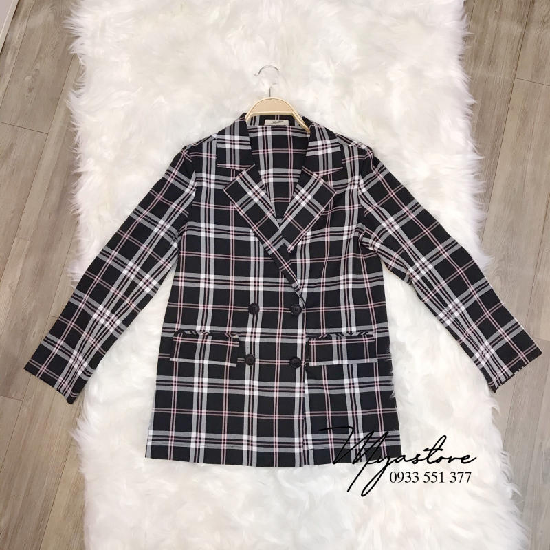 Áo khoác vest Blazer caro đen sọc màu hồng phong cách Hàn Quốc