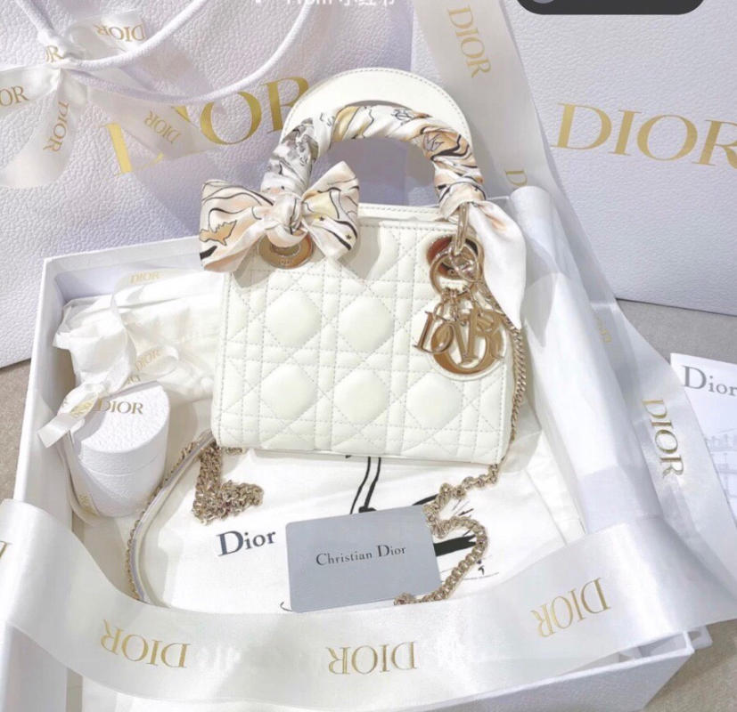 DIOR LADY ba lưới khóa men trắng ngọc trai siêu cấp size 17cm 3 ô, khoá vàng, khoá trắng