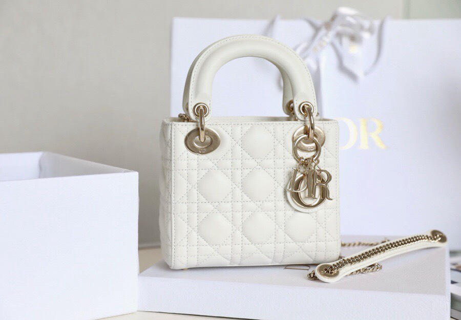 DIOR LADY ba lưới khóa men trắng ngọc trai siêu cấp size 17cm 3 ô, khoá vàng, khoá trắng