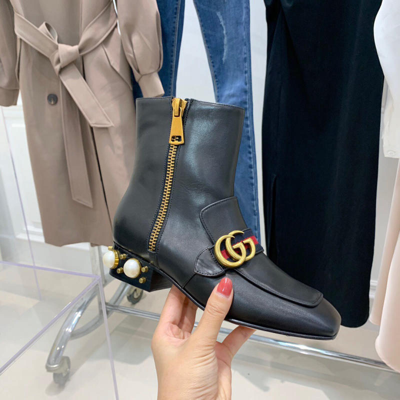 Giày boot Gucci cổ ngắn ngọc trai cổ điển siêu cấp