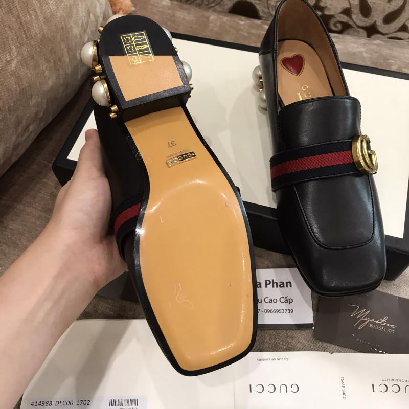 Giày nữ Gucci Leather mid-heel loafer like auth trả khách