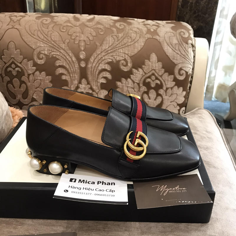 Giày nữ Gucci Leather mid-heel loafer like auth trả khách