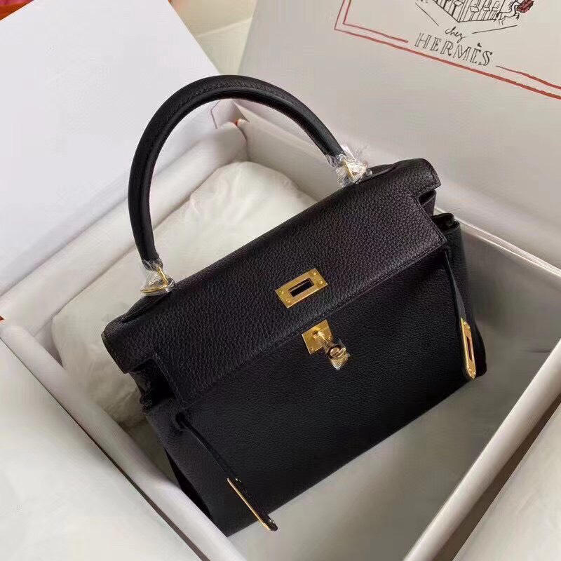 Túi xách HM Hermes Kelly 25cm nguyên bản màu đen khoá vàng