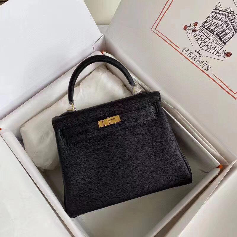 Túi xách HM Hermes Kelly 25cm nguyên bản màu đen khoá vàng