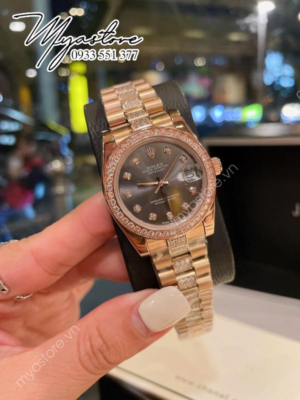 Đồng hồ nữ Rolex Journal vỏ thép không gỉ 316 đính kim cương pha lê Swarovski vàng siêu cấp 1:1