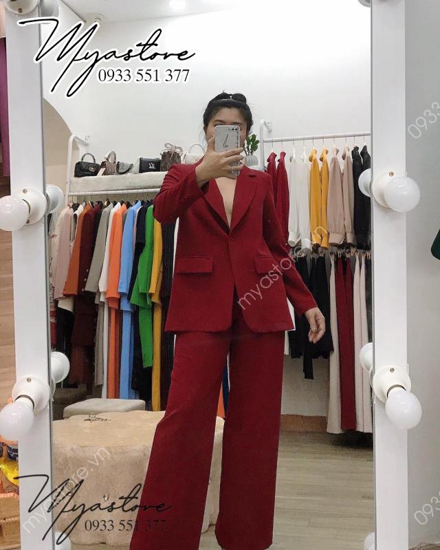Set Blazer đỏ đô phong cách Hàn Quốc phom suông