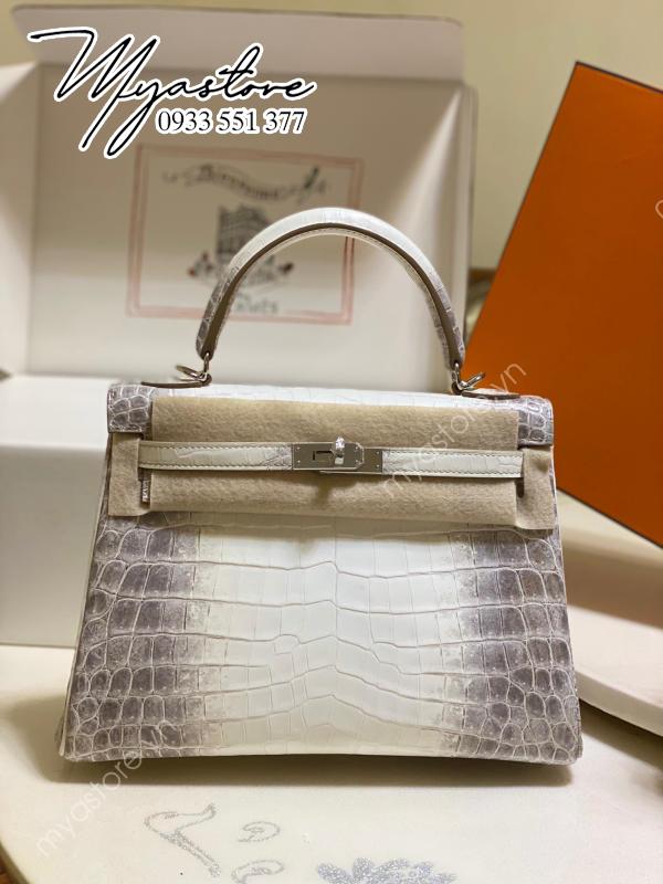 Túi Xách Nữ Hermes Kelly Da Cá Sấu Size 25Cm Màu Bạch Tạng